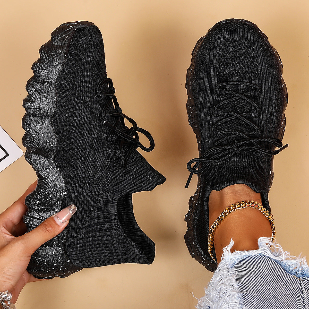Cross-Border Aliexpress Amazon Large Size Sports Women's Shoes Breathable Fly Knit Socks Shoes Slip-On Slip-Ons