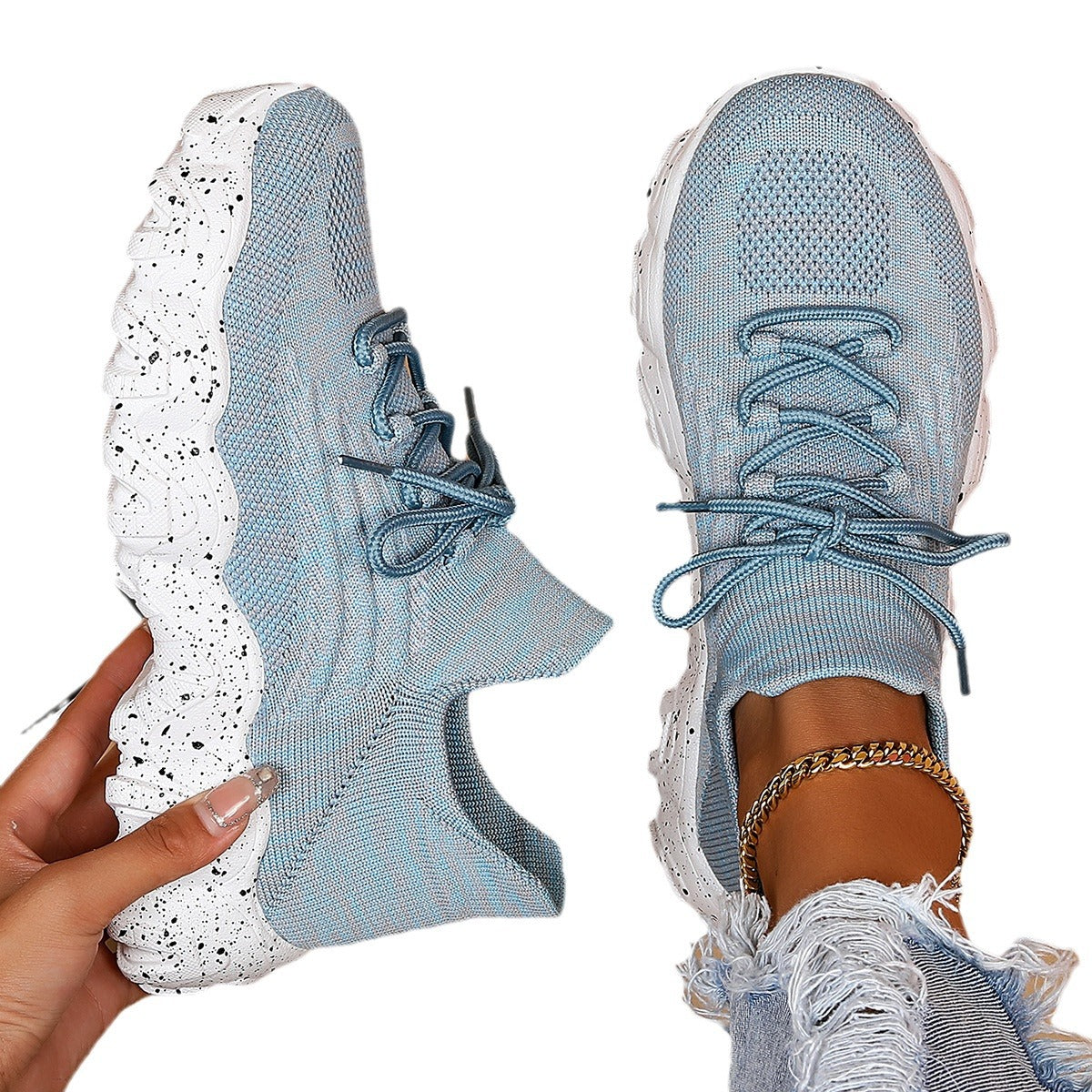 Cross-Border Aliexpress Amazon Large Size Sports Women's Shoes Breathable Fly Knit Socks Shoes Slip-On Slip-Ons